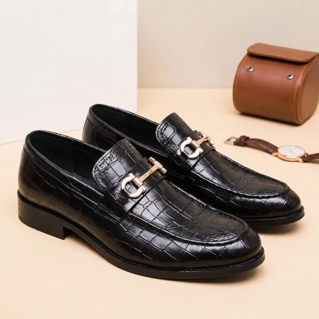 Men's Luxury Crocodile Embossed Loafers – Stylish Black Slip-On Dress Shoes with Gold Buckle Detail