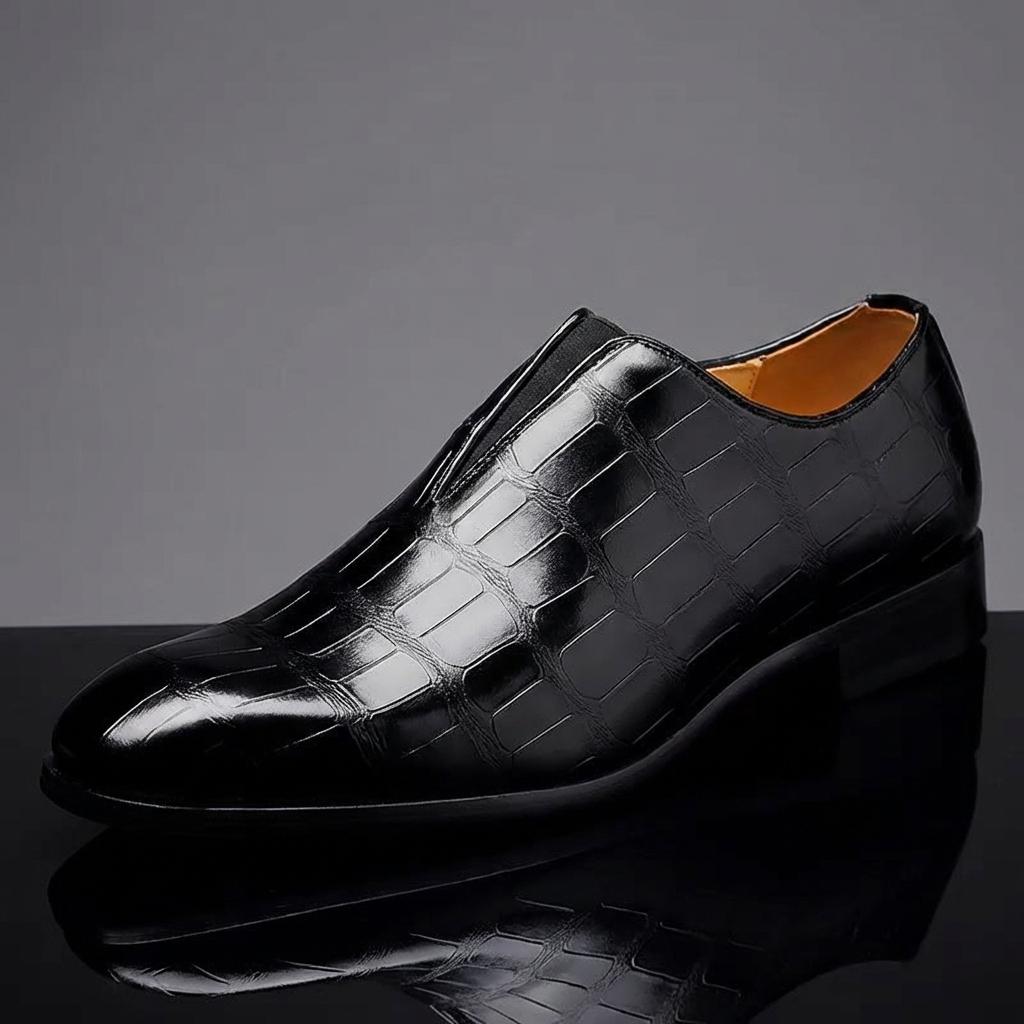 Luxury Men's Crocodile Texture Loafers – Glossy Black Slip-On Dress Shoes